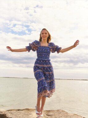 SEA New York Rosita Smocked Square Neck Puff-Sleeve Cotton Print Midi Dress XS